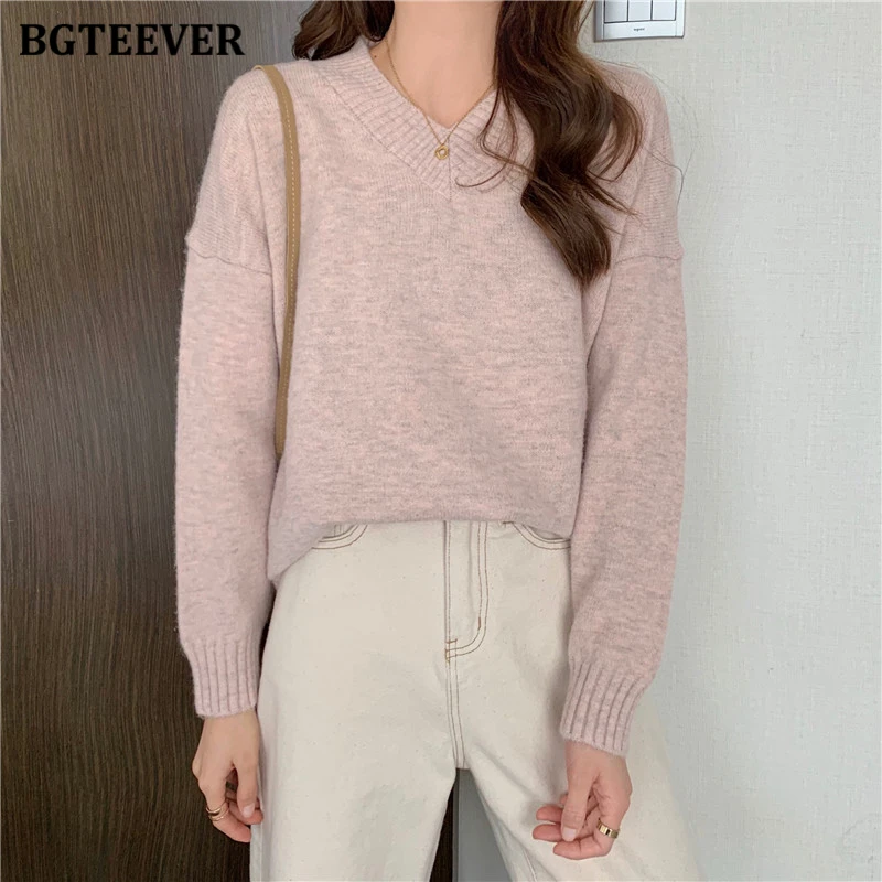 

Женский трикотажный свитер BGTEEVER, мягкий однотонный пуловер с V-образным вырезом и длинным рукавом, Свободный Повседневный джемпер, Осень-зи...
