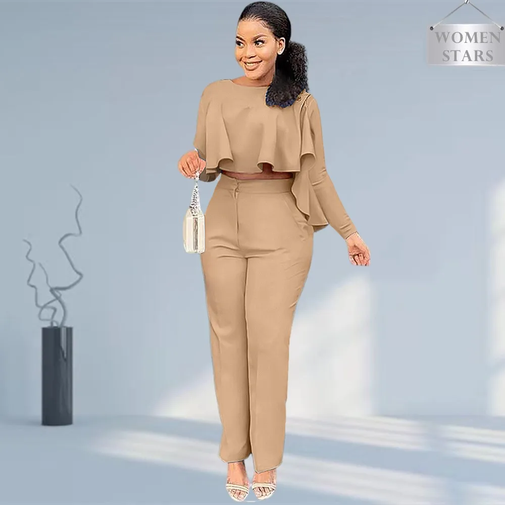 

Женский комплект из двух предметов, осенняя одежда с оборками, прямые брюки на молнии с карманами и длинными рукавами, топ неправильной форм...