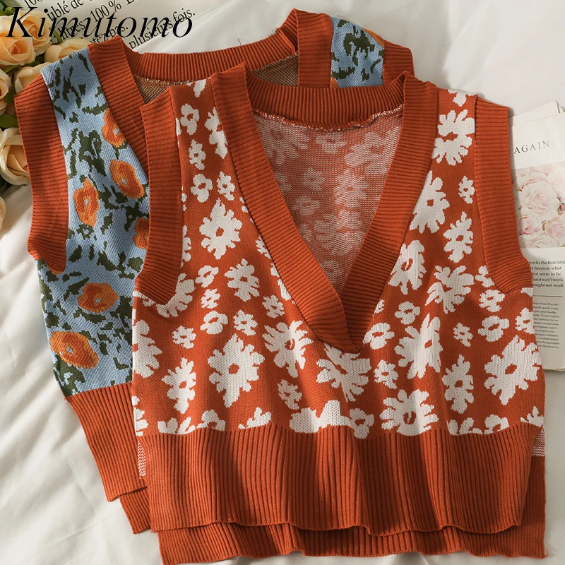 

Kimutomo Vintage Hong Kong Style Vest Women Floral Print V-neck Sleeve Short Knitted Top Casual New Korea Chic Autumn 2021