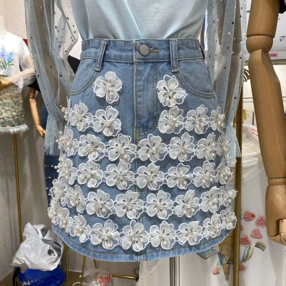 Женская джинсовая юбка WHITNEY WANG модная уличная одежда с 3D цветочным принтом