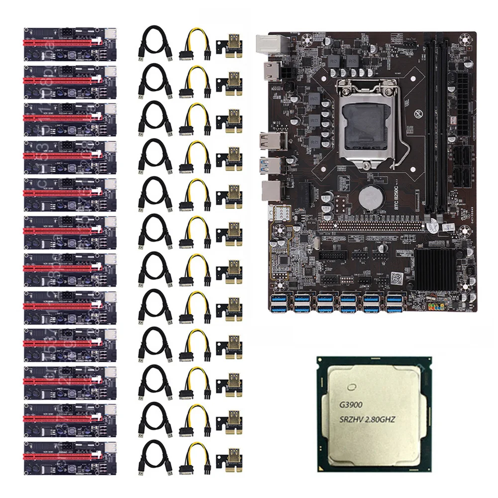 

B250C BTC 12P Mining Motherboard+G3900 CPU+12x009S Adapter DDR4 SATA HDMI-Compatible USB3.0/2.0 for LGA 1151 Miner Board Kit