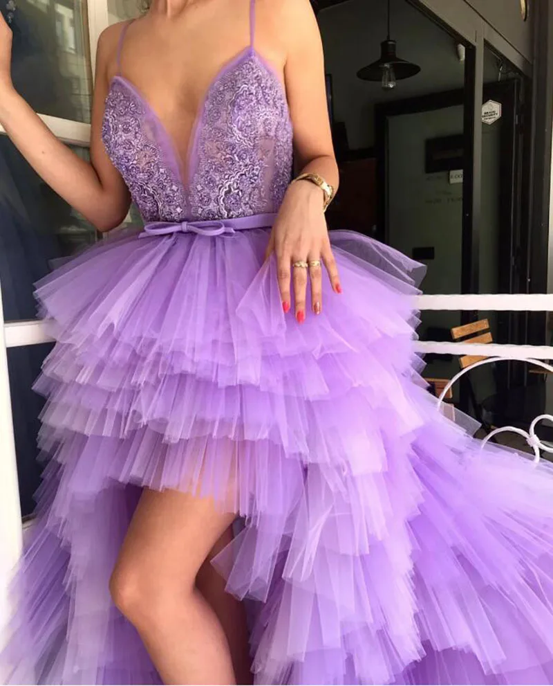 High Low Prom Dresses 2020 Sexy Spaghetti Strap Tiered Tulle Purple Formal Evening Dress for Party Graduation Vestido de festa | Свадьбы и