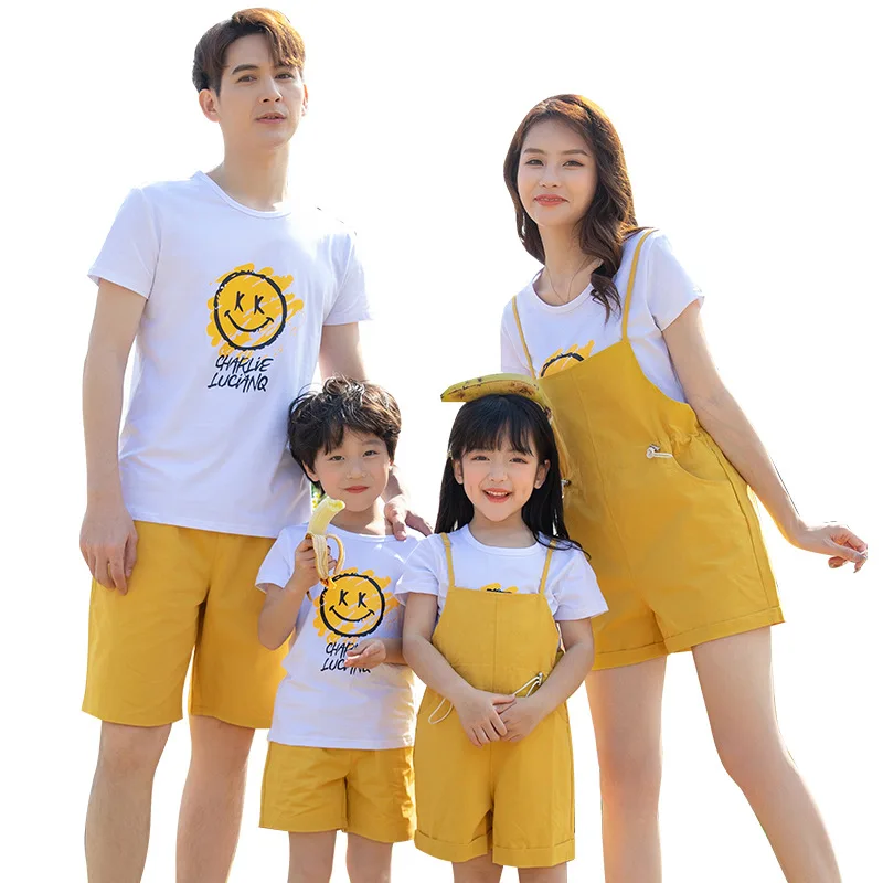 

2021 family matching outfits parents child Tee shirts summer korean mommy and daughter suspender trousers father and son shorts