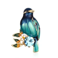vintage blue green enamel bird brooch pins crystal flowers animal brooches for women shirt suit shawl accessories jewelry gifts