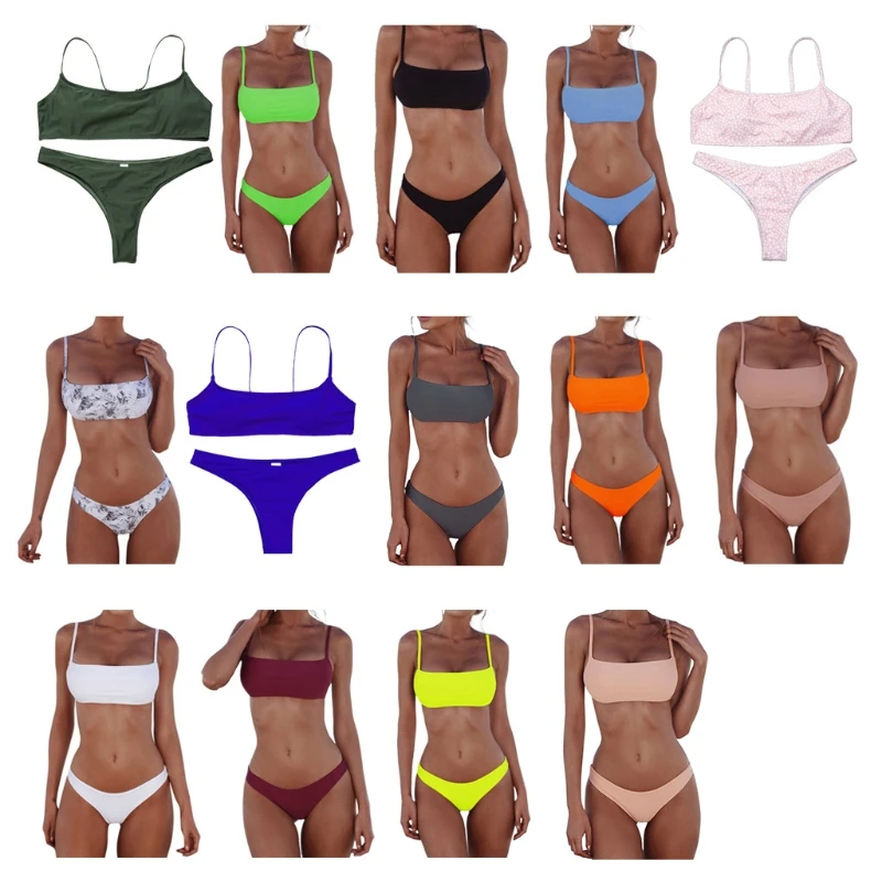 

Women Sexy Push Up Bra Low Waist Thongs Solid Color Bikini Set Triangle Swimsuit R3ME