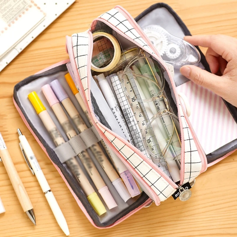 

20CB Portable Canvas Makeup Pouch Lovely Pencil Case 8 Pen Slot Mesh Pockets Inside Staionery Storage Pouch for Travel School