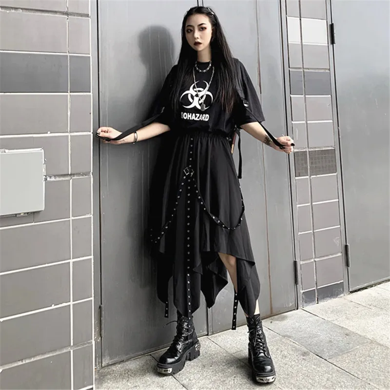 Focal20 Harajuku цветная лента нерегулярная Женская юбка с высокой талией черная Летняя женская юбка Свободная выше колена Женская юбка