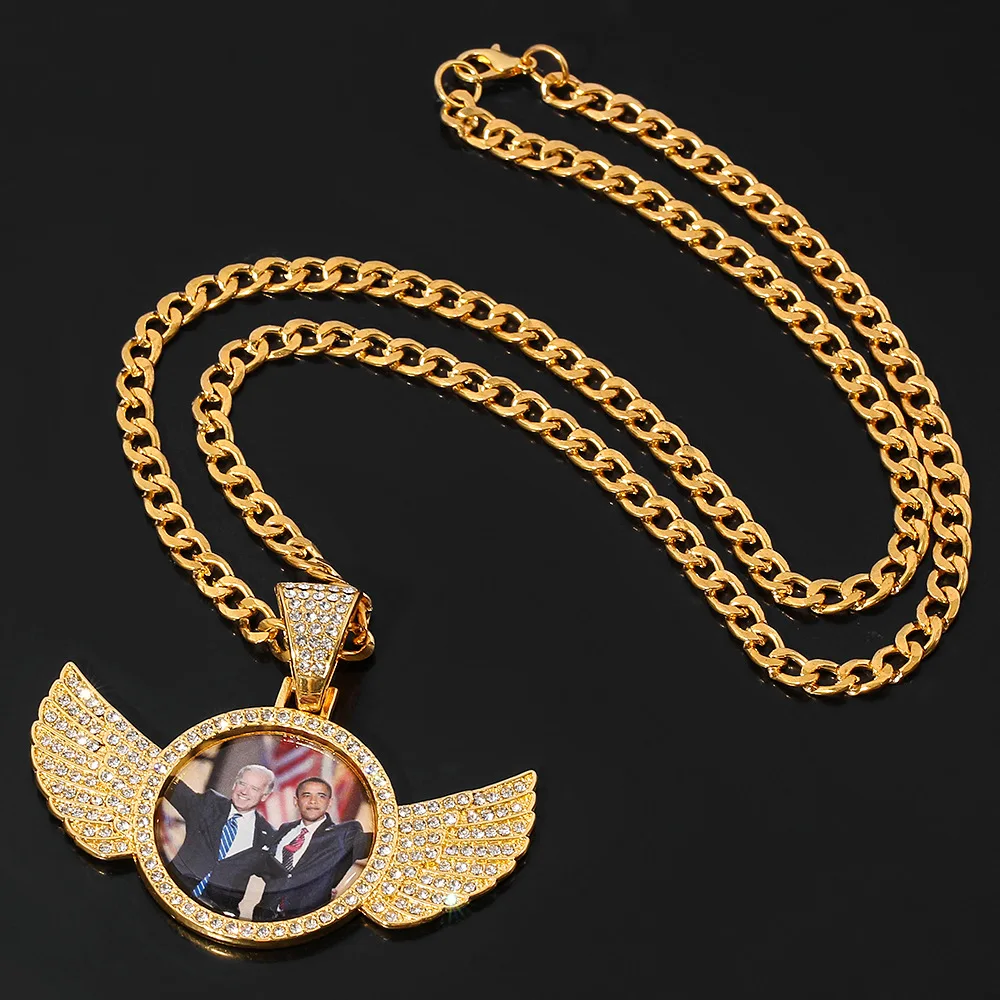 Hiphop Custom Photo Pendant With Crystal Angel Wing Personality Picture Necklace Iced Out Cubic Zircon Round Men’s Birthday Gift