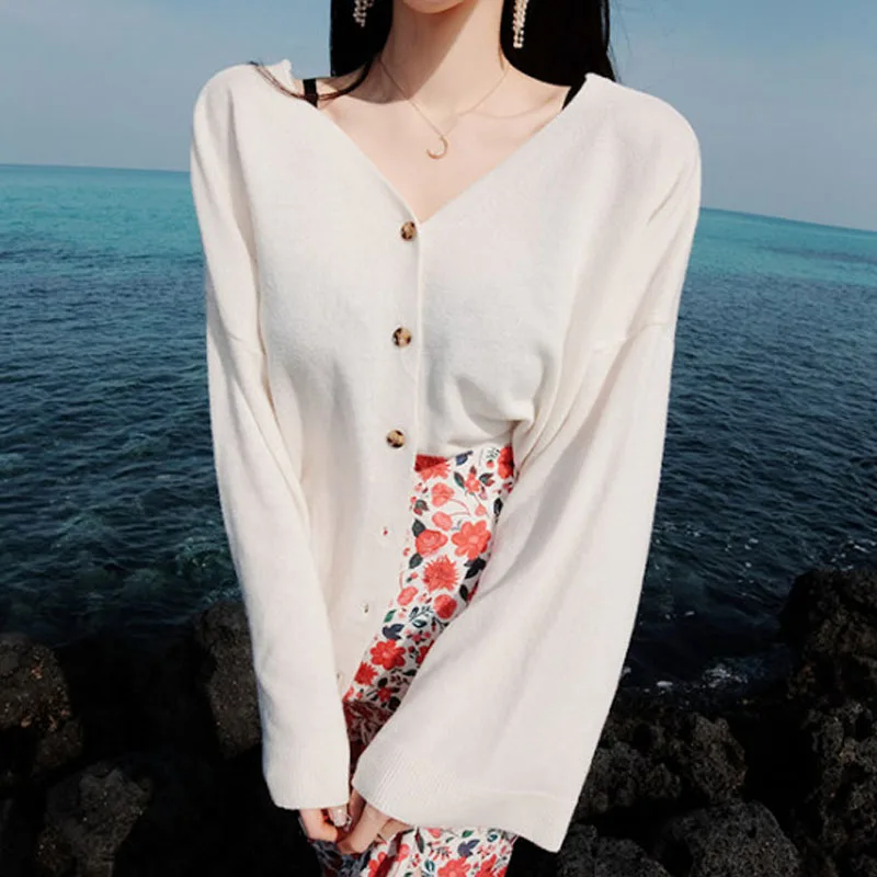 

Cardigan Women Sweater White V-Neck Knitted 2021 Fall Clothes Thin Loose Casual Single Breasted Vintage Tops Fashion New