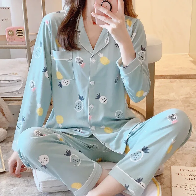 

Spring Autumn Pajamas Sets For Women Long Sleeve Tops+Pants Plus Size Loose Female Sleepwear Breathable Nightwear