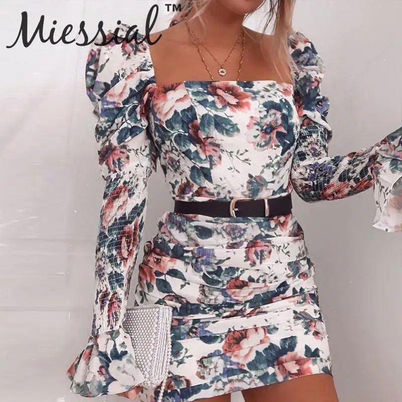 Miessial винтажное мини платье с длинным рукавом и цветочным принтом женское