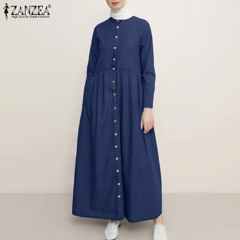 Autumn Denim Blue Maxi Long Sundress ZANZEA Fashion Women Muslim Hijab Dress Vintage Sleeve Dubai Abaya Turkey Dresses | Женская одежда