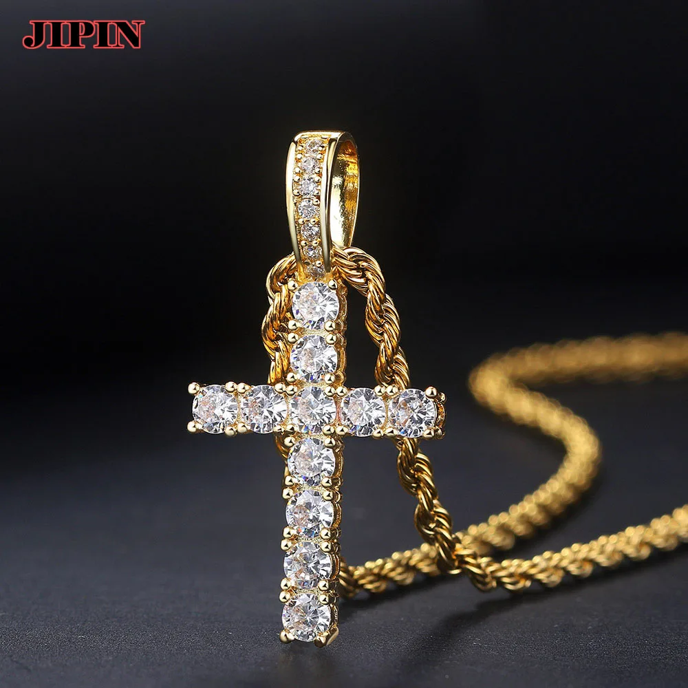 

Crystal Zircon Copper Religious Cross Pendant Necklace For Men’s Hip Hop Jewelry Iced Out Pendant Gold Color Catholicism Gift