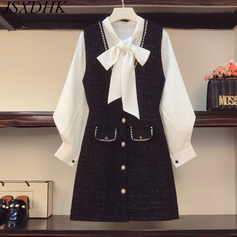 

JSXDHK Elegant Autumn Plus Size 2 Piece Set Women Bow Collar Chiffon Lantern Sleeve Loose Shirts +Tweed Plaid Vest Dresses Suits