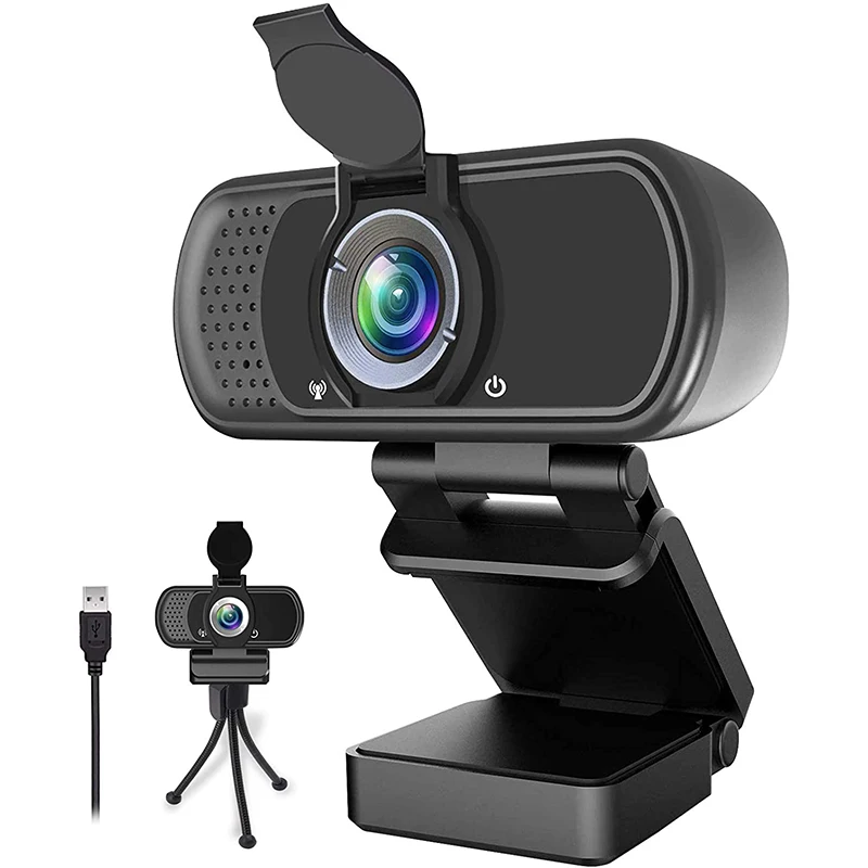 Webcam 1080P Full HD Fixed Focus PC Camera Web Camera with Microphone Cover Tripod Camera for PC Computer and Laptop