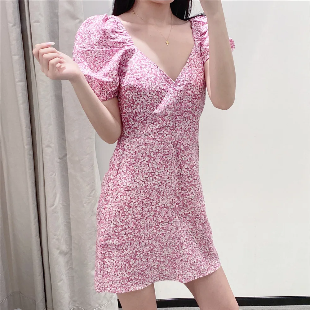

Fashion Za Women's Dress 2020 Sexy V-neck Puff Sleeve Mini Dress Ladies Fresh and Cute Pink casual stylish Slim Dress Vestidos