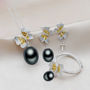 MeiBaPJ 925 Sterling Silver Colorful Butterfy Jewelry Set Natural Rice Pearl Pendant Ring Earrings Wedding Jewelry for Women