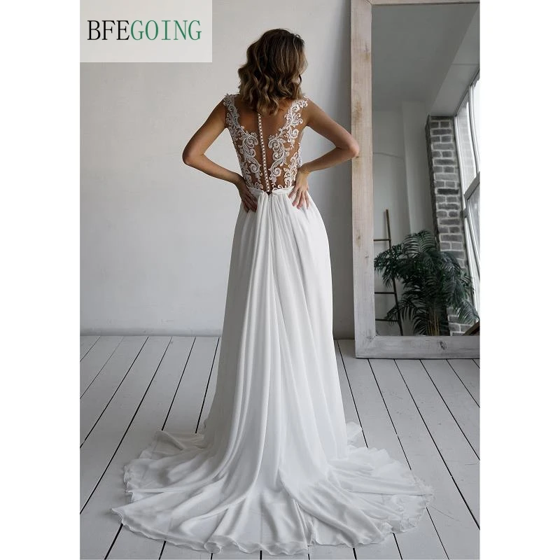 

White Lace Chiffon Sleeveless Bridal gown Floor-Length A-line Wedding dress Court Train Custom made