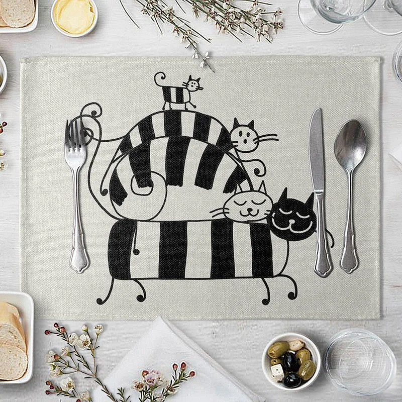 Подставка под столовую посуду с милым рисунком кошки черные и белые льняные