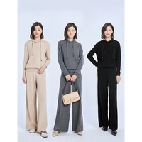 autumn winter womens knitted suit solid hooded knit top high waist wide leg pants two piece sets female outfit ladies pantsuit