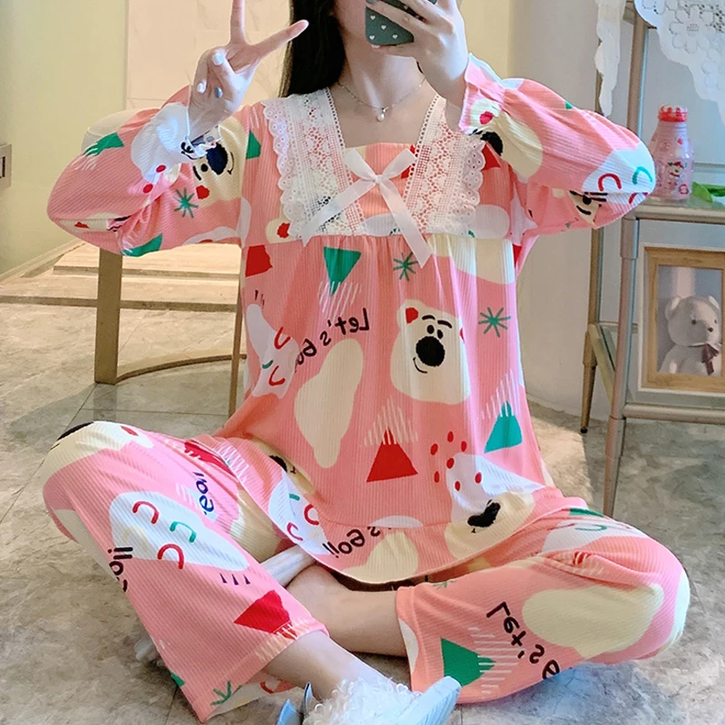

Spring Autumn Pajama Set women Home Clothes cartoon Print Generation Long Sleepwear Suit Home Women Gift Female pink Pyjamas Set