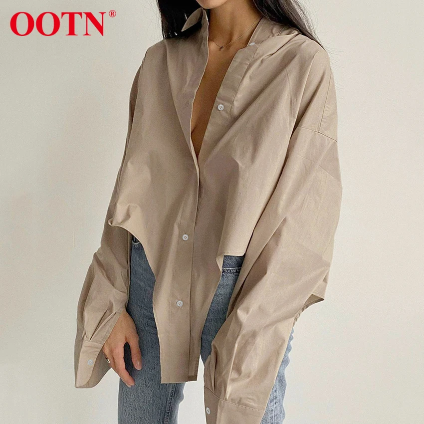 

OOTN Streetwear Khaki Turn-Down Collar Women Shirt Long Sleeve Oversize Sexy Asymmetrical Top Lady Single Breasted Spring Autumn