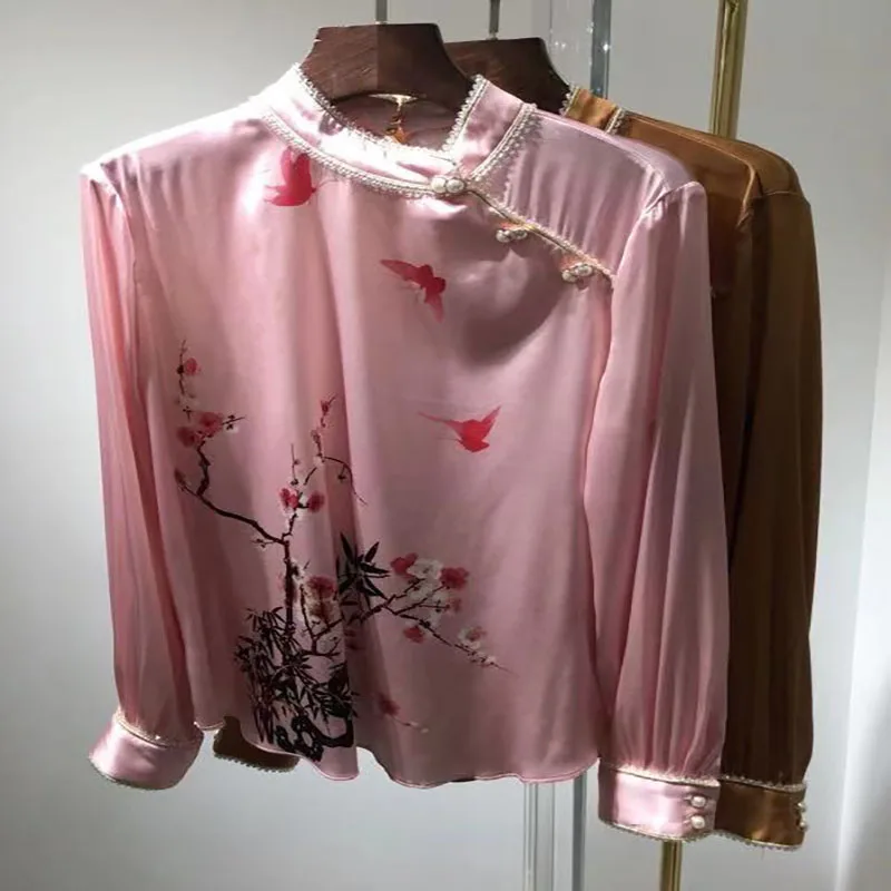 

2021 New Women Summer Fashion Runway Cheongsam Shirts Silk Print Pearl Buttons Loose Blouses High Quality Tops