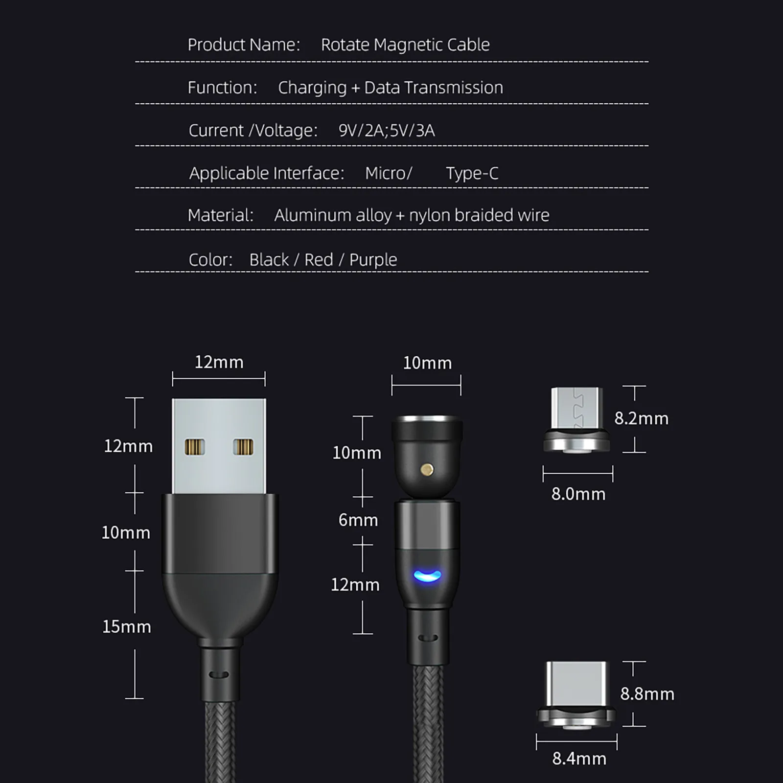 Кабель Micro USB 540 ° 3A для быстрой зарядки телефона планшета вращающийся магнитный