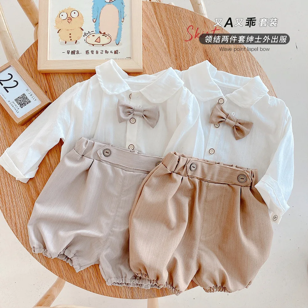 

Handsome Boys Summer Full Sleeve Bow Tie Tops Shirts Solid Short Pants Toddler Kids Baby Clothes Sets Formal Suits 2pcs 3M-4Y