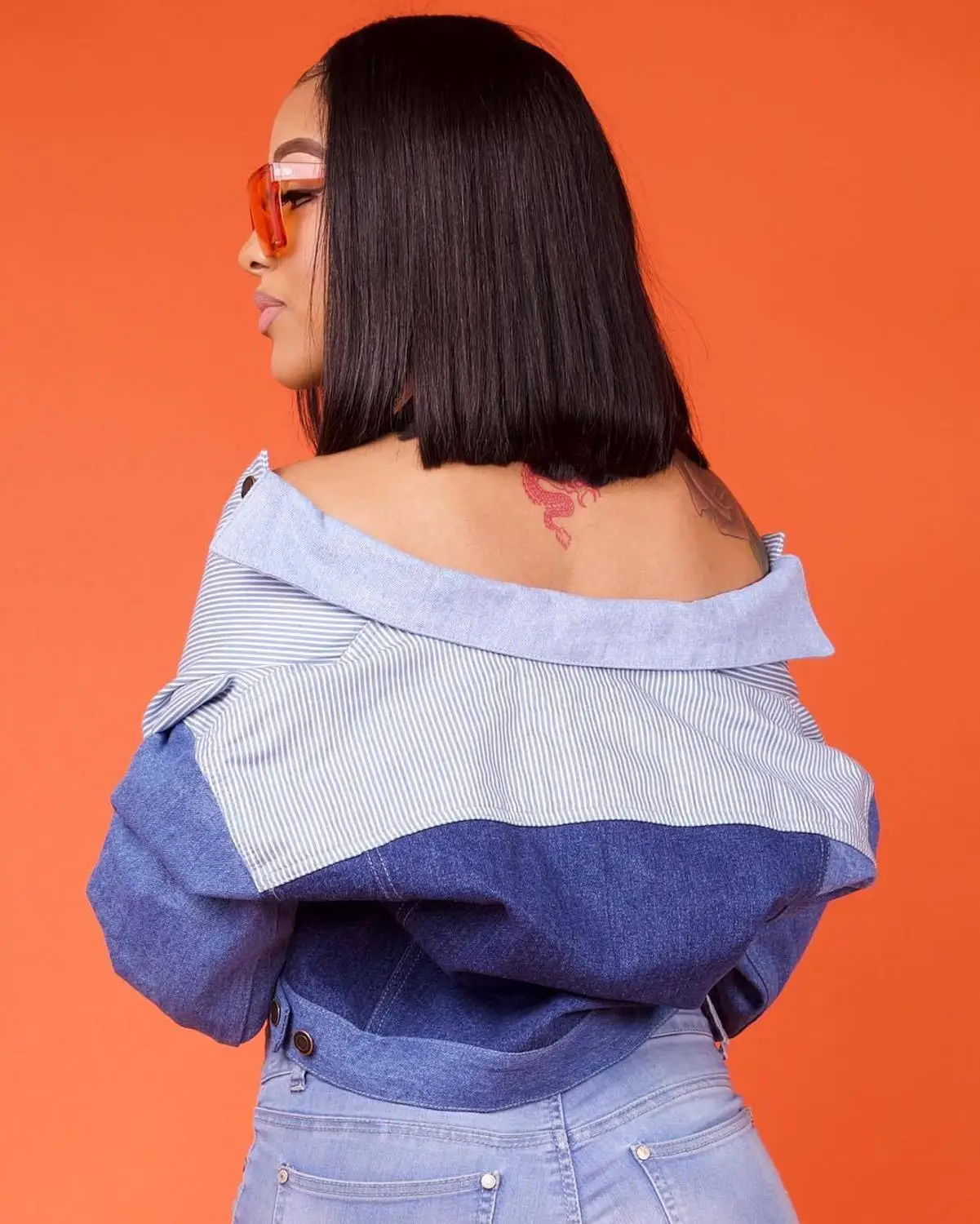 

Chic Style Women Jacket Fashionable Contrast Color Patchwork Denim Jackets Turn-down Collar Full Sleeve Single-breasted Coats