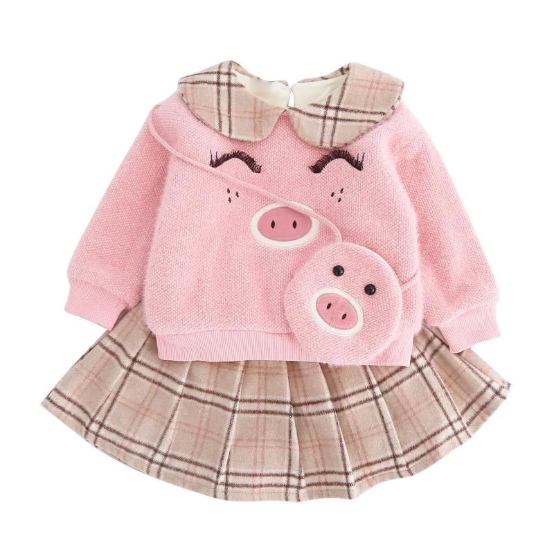 

Girls plush doll collar piggy sweater plaid skirt winter cute thick skirt