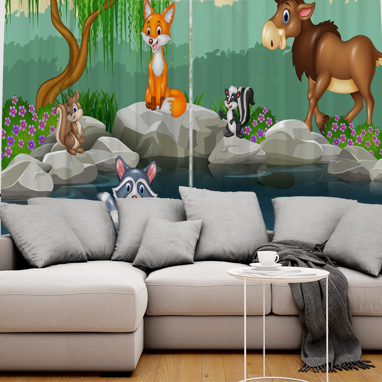 Животные мультфильм озеро вода прекрасный гармония детские яркие окна шторы для