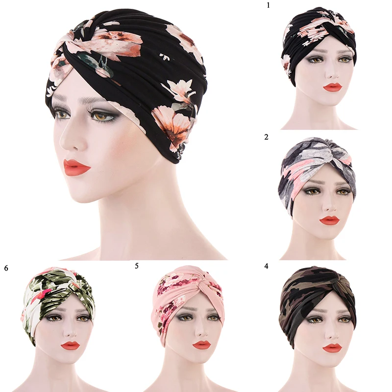 

2020 New Printed Women Turban Stretchy Muslim Hijab Bright Indian Caps Cross Bonnet Headwraps Ladies Muslim Headbands Caps