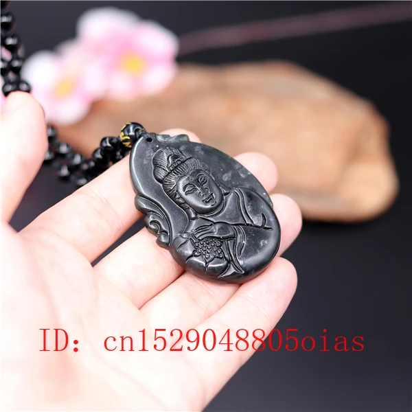Натуральный черный зеленый китайский нефрит Гуаньинь кулон бусины ожерелье