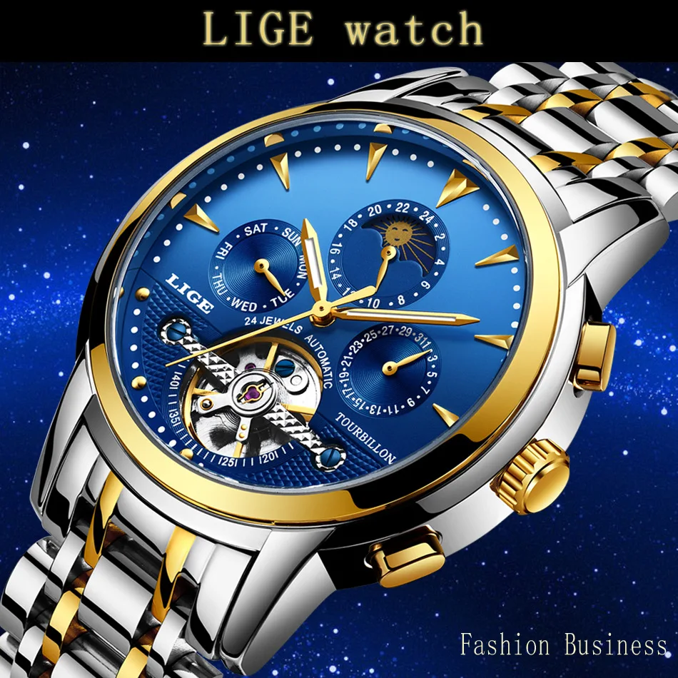 LIGE Luxury Men's Watches Business Tourbillon Mechanical Wristwatches Waterproof Full Steel Fashion Calendar Week Men Watch