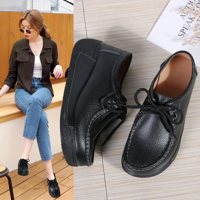 

Women Flats Comfortable Loafers Shoes Woman Breathable Leather Lace-up Sneakers Women Fashion Black Soft Casual Shoes Female