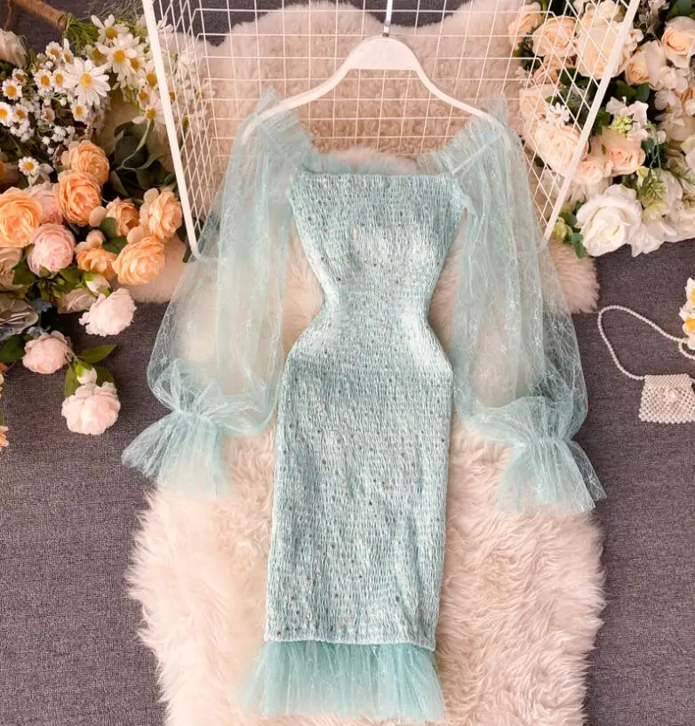 

Women's spring summer runway fashion mesh sleeve patchwork dress female elastic shiny star slim chic dress TB382