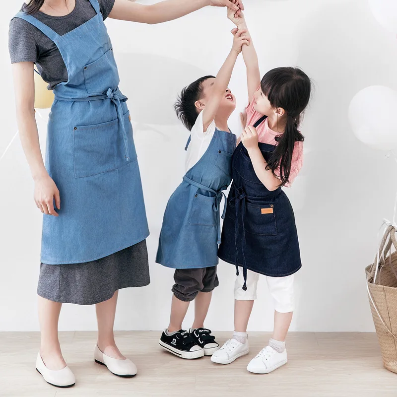 

Household Kitchen Gifts Mother&Daughter Apron,Children Cotton Linen Painting Jeans Apron,Bib 2 Pockets Cooking Baking Kids Apron