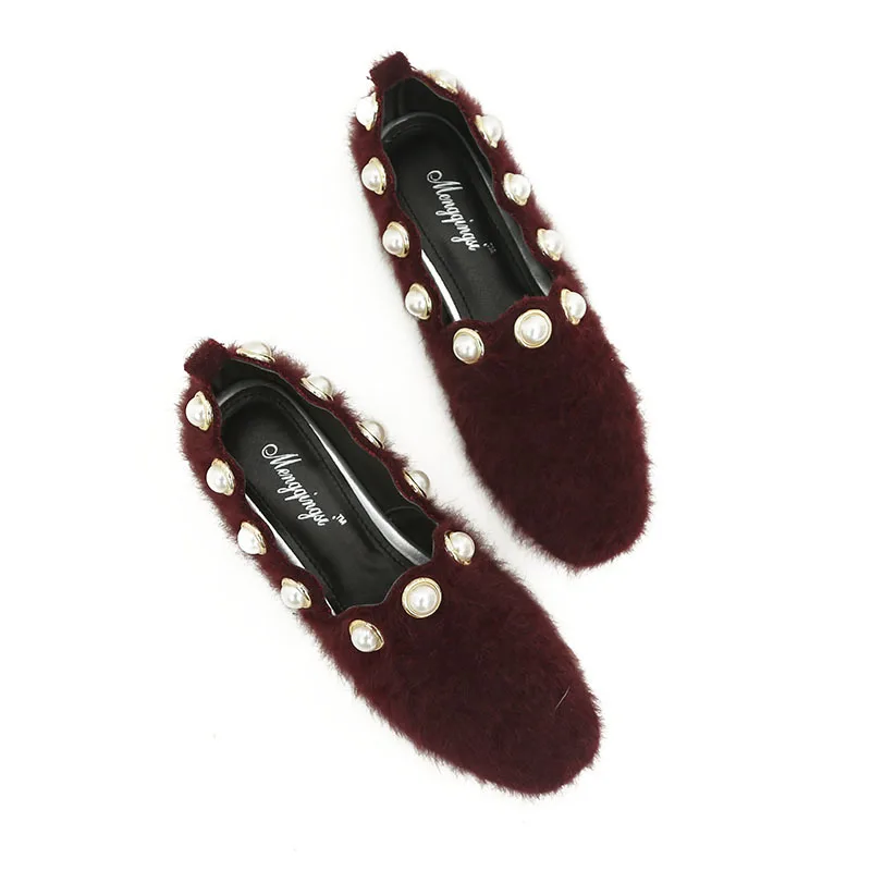 

Popular Large Size Single Shoes Women's European and American New round Head Pearl Flat Shoes Shallow Suede Loafers