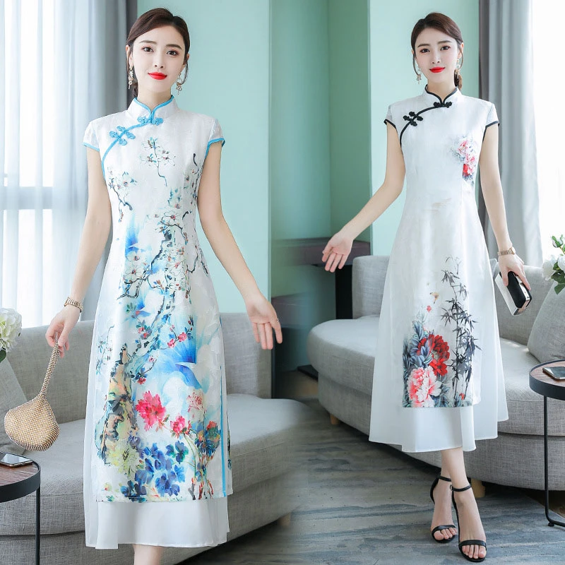 Традиционное китайское женское платье Ципао Осеннее облегающее длинное