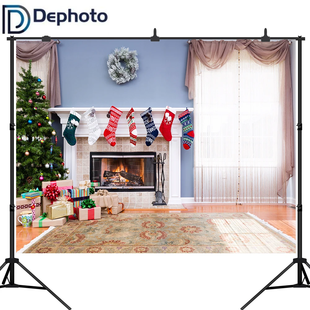 Задний фон для фотостудии Рождественская гирлянда камина ковер зимнее Окно Фон