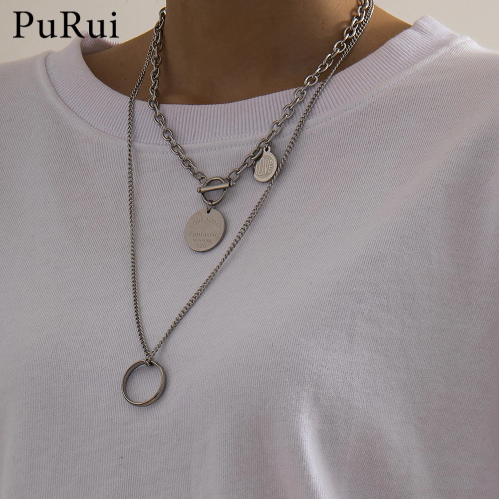 

2021 Stainless Steel Double Layer Round Disc Pendant Necklace Sliver Color Chain Charm Necklace for Women Steampunk Jewelry Gift