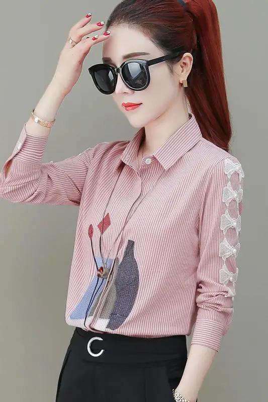 

2020 New Spring Women's Long Sleeve Stripe Shirt, Women's Native Korean Leisure Shirt