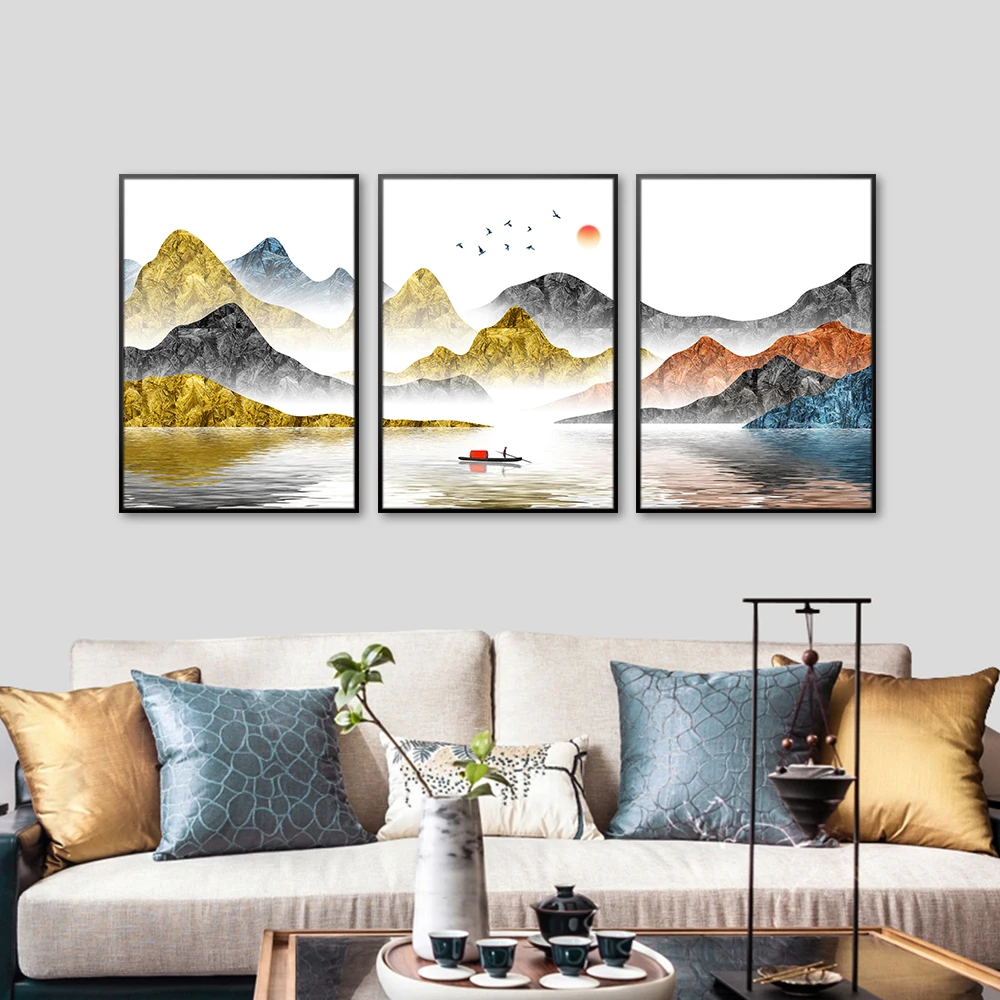 Китайский цвет воды черный и белый горный Восход Холст плакат спальня домашний