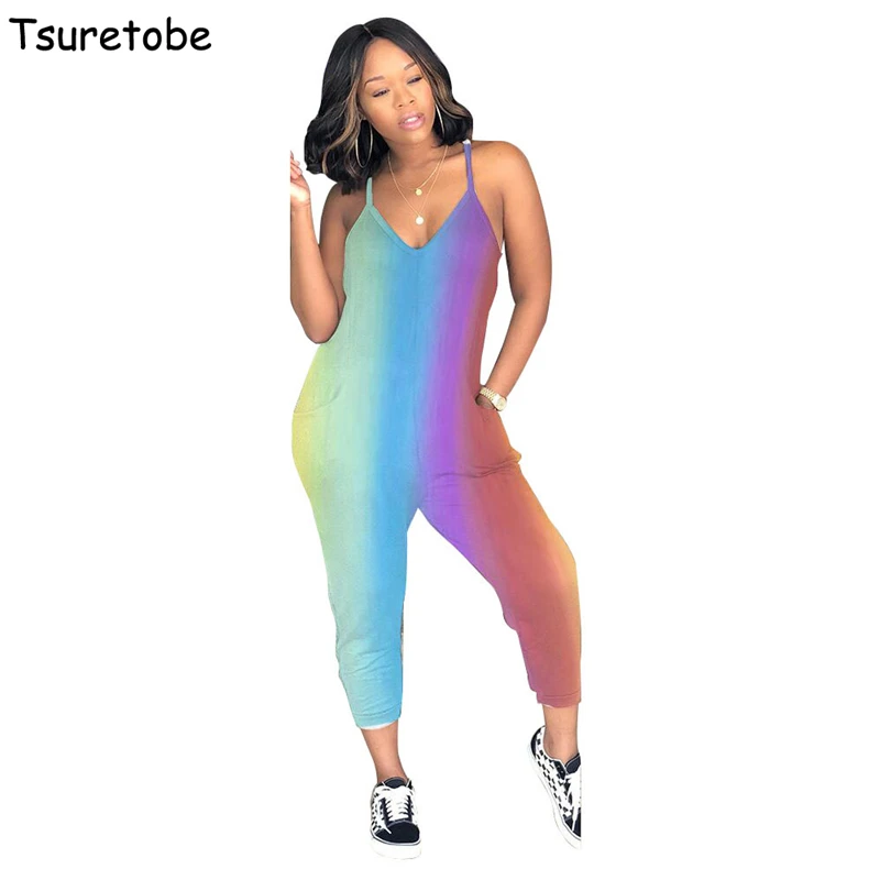 

Tmustobe 2020 Loose Spaghetti Strap Jumpsuits Women Clothes Casual Sleeveless Rompers Gradient Overalls Summer Outfits Female