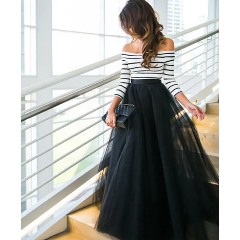 

2PCS New Fashion Women Off Shoulder Long Sleeve Tulle Lace Dress Casual Striped Print Tutu Evening Party Gown Dress