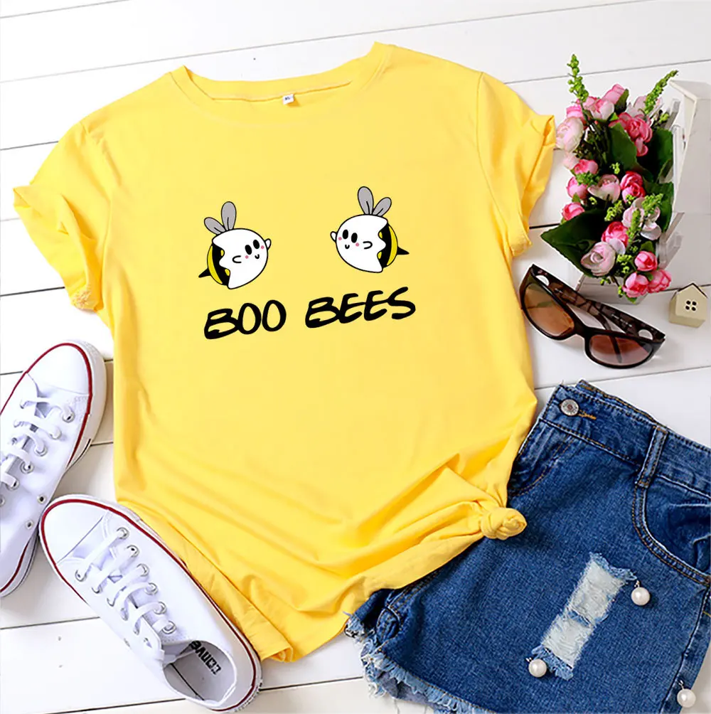 

Summer 100%Cotton Women Tshirt Short Sleeve Boo Bees Print T-shirt Cartoon Funny Graphic Shirts Female Casual Tee Tops