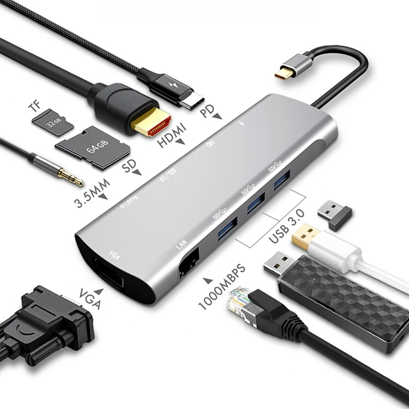 USB C концентратор док станция адаптер 10 портов s для Type к 3 0 TF/SD HDMI VAG PD LAN o порт в