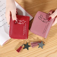 small cute pu leather womens wallets female zipper tassel short coin purses business id card holder money clip bag clutch