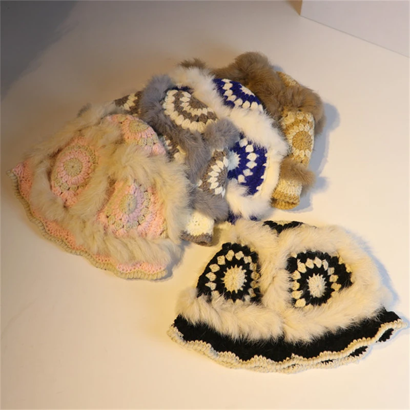 

Hat female 2021 fall/winter new cute rabbit fur hat thick earmuffs travel knitted wool Lei Feng hat Korean version